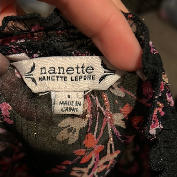 Nanette Lepore Black Blouse size L with Pink Floral Design - Picture 2 of 8
